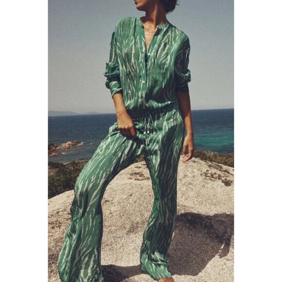 ZARA Green Printed Pajama Style Resort Set Top & Pants Small Medium Boho - Picture 1 of 12